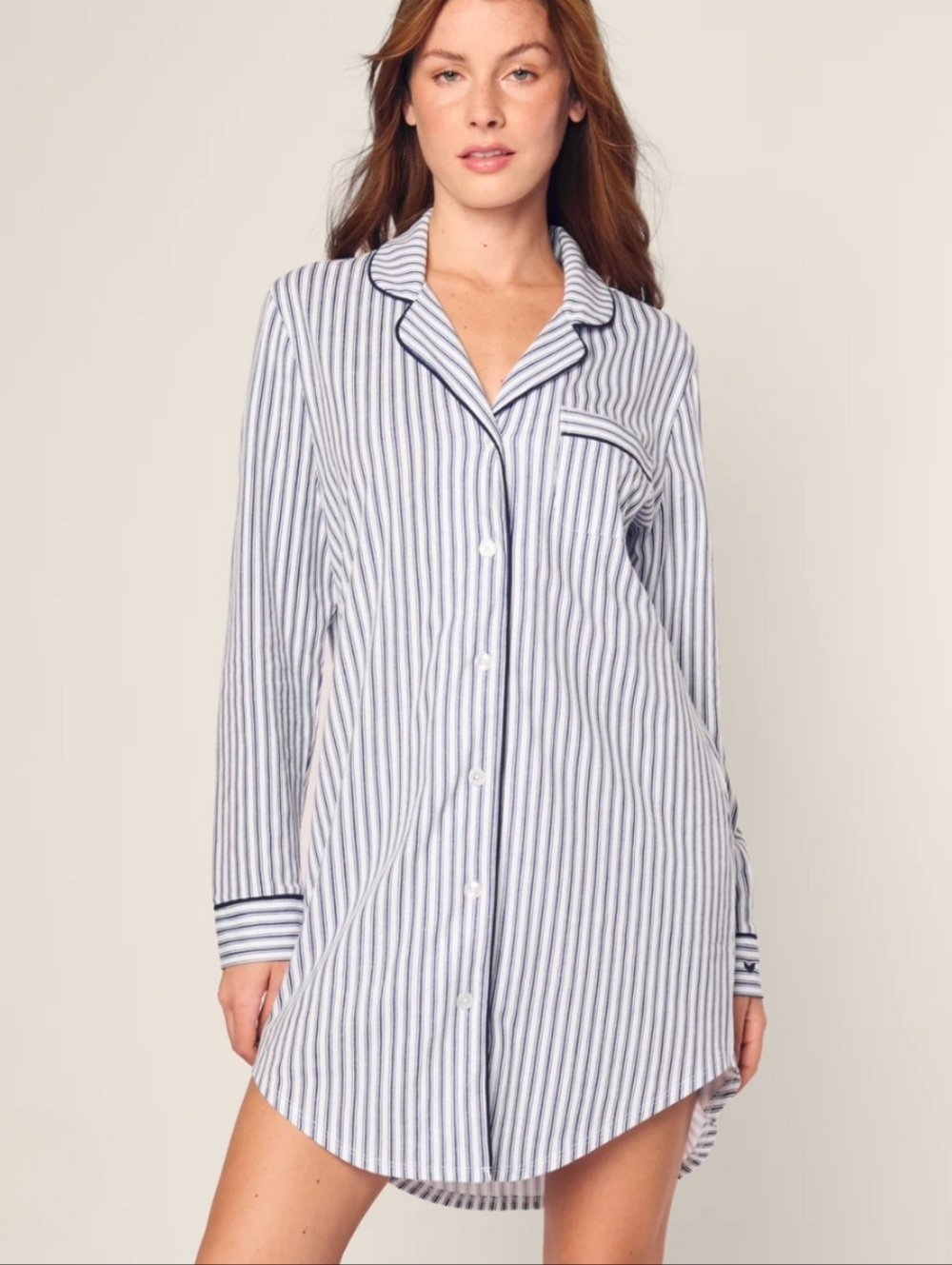 PETITE PLUME Navy French Ticking Striped Pima Cotton Button Down Nightshirt SZ M